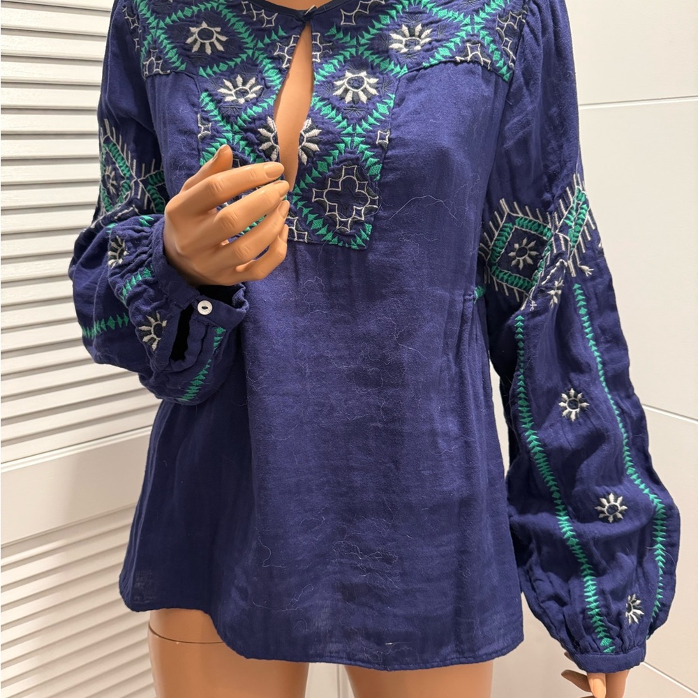 Christopher Sauvat Embroidered Navy Blue Women's Tunic top large